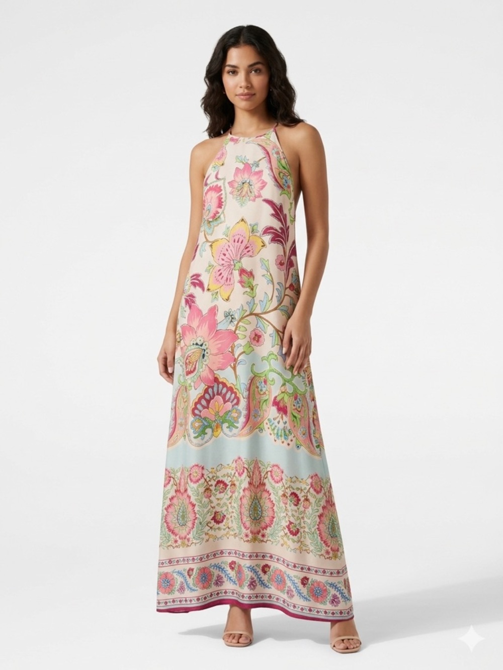 Zara Floral Halter Maxi Dress in Pink, Light Blue, Cream